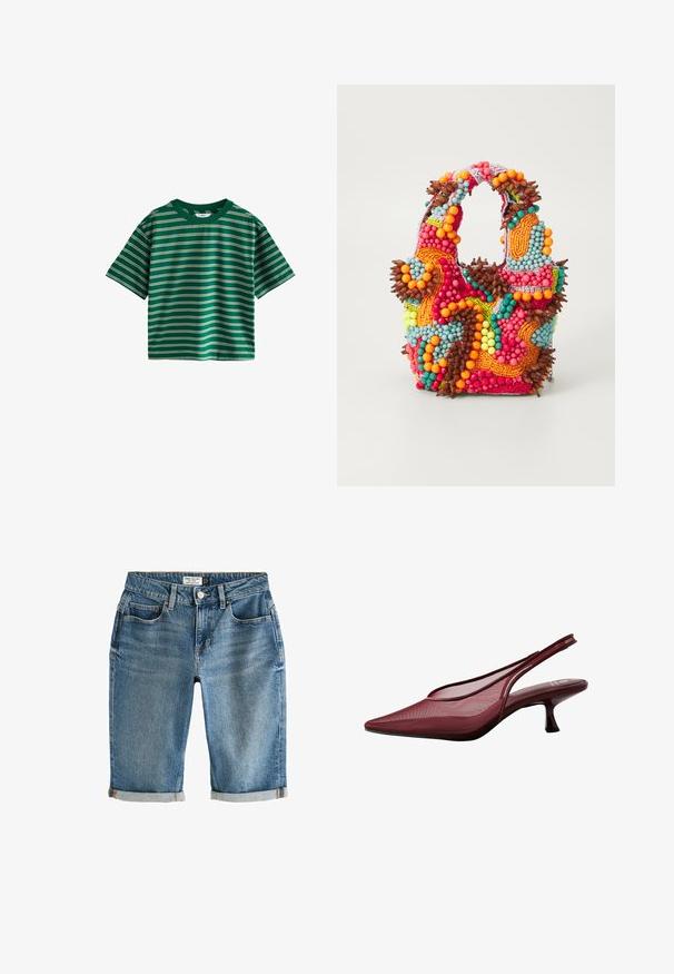 Vihreä lyhythihainen T-paita, jonka päällä on vaaleanvihreitä, keltaisia ja sinisiä vaakaraitoja. Valmistettu pehmeästä puuvillasta ja pyöreästä kaula-aukosta.; Siniset farkkushortsit, jotka ulottuvat polveen ja joissa on käänteet, viisi taskua ja metallinen nappisuljenta. Kangas näyttää hieman haalistuneelta.; Bordeaux slingback pompa dengan ujung runcing dan bagian atas jala. Fitur tumit ramping dan desain potongan, memberikan siluet yang elegan.; Käsiveski, mis on kaunistatud elavate värvidega: roosa, oranž, sinine ja pruun. Tekstuuriga pind ümmarguste helmed ja orgaanilised kujundid, vastupidavad käepidemed.