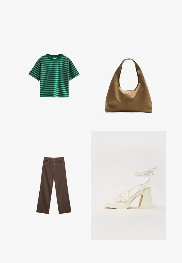 Grünes Kurzarm-T-Shirt mit horizontalen Streifen in Weiß, Gelb und Blau. Aus weicher Baumwolle mit rundem Ausschnitt.; Weite braune Jeans aus Denim, mit hoher Taille, Fronttaschen und klassischem Knopfverschluss. Glatte Textur mit feinen Nähten.; Weiße High-Heel-Sandale mit einem klobigen Absatz, die über ein Riemchendesign und ein Knöchelband verfügt. Glatte Textur mit einer Plattform vorne für zusätzliche Höhe.; Braune Stoffschultertasche mit einem breiten, runden Körper und einem großen Ausschnittgriff. Sanfte Textur, minimalistisches Design und keine sichtbaren Beschläge.