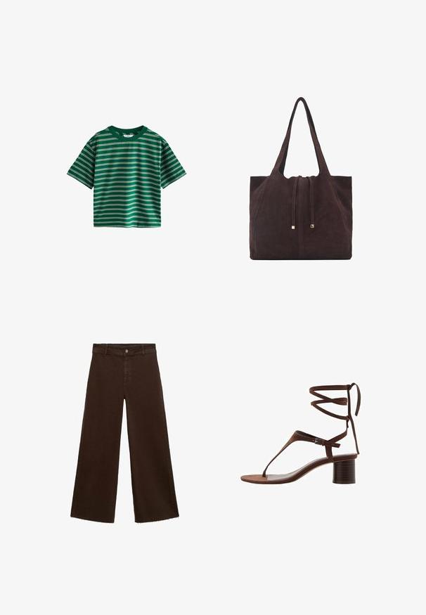Zelené tričko s krátkým rukávem s vodorovnými pruhy v bílé, žluté a modré barvě. Vyrobeno z měkké bavlny, s kulatým výstřihem.; Hnědé kalhoty širokého střihu z bavlněné směsi, s třepicí na lemu, předním zapínáním na knoflík a klasickým designem pěti kapes. Minimalistické a univerzální.; Hnědé semišové sandály na vysokém podpatku s trojúhelníkovým prstovým páskem, zavazováním kolem kotníku a texturovaným blokovým podpatkem pro stabilitu.; Mango Velká kabelka - dark brown