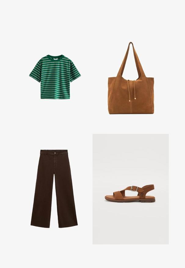 Zelena majica s kratkimi rokavi, okrašena s horizontalnimi črtami v beli, rumeni in modri barvi. Narejena iz mehkega bombaža z okroglo ovratnico.; Rjave široke hlače iz mešanice bombaža, z raztrganim robom, sprednjim gumbom in klasičnim dizajnom s petimi žepi. Minimalistične in vsestranske.; Rjave usnjene sandale z nastavljivo sponko, odprtimi prsti, oblazinjenim podplatom in gumijastim podplatom. Preprost dizajn z detajlom logotipa na stranski strani.; Rjava semiš torba z dvema dolgima ročajema, z vrvico za zapiranje in minimalističnim dizajnom. Gladka tekstura in brez vidnih kovinskih dodatkov.