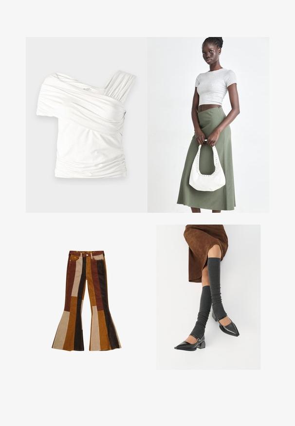 White off-shoulder top made from soft, stretchy fabric. Features gathered texture and a single wide strap on one side. Smooth finish.; Corduroy flared pants featuring vertical stripes in brown, tan, and mustard. Distinctive design with a high waist and five pockets.; Black patent leather pointed-toe shoes with a block heel and ankle strap, paired with gray ribbed leg warmers and a brown suede skirt.; Gray ribbed crop top and olive green high-waisted skirt. Model holds a white shoulder bag with cut-out detailing. Simple design, fitted silhouette.