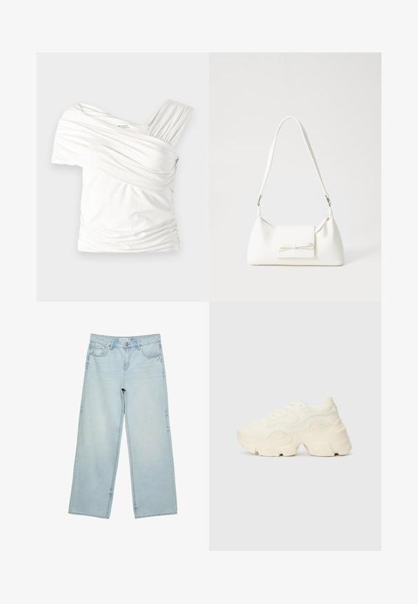 Bijela bluzica bez ramena napravljena od mekog, rastezljivog materijala. Ima naboranu teksturu i jedan široki remen s jedne strane. Glatka završnica.; Svijetloplave široke traperice s visokim strukom, s pet džepova i suptilnim izblijeđenjem. Ravnog kroja s obrubljenim rubovima.; Masivne bijele tenisice od teksturirane mreže i sintetičkih materijala, sa debelim potplatom i složenim uzorcima duž strana.; Bijela sintetička torbica s trokutastim oblikom, ravnim prednjim poklopcem i detaljem u obliku mašne, podesivom remenom, glatkom teksturom i minimalističkim dizajnom.