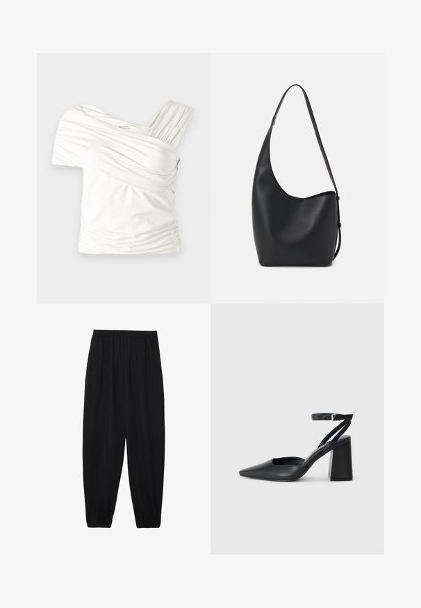 Haut blanc à épaules dénudées fabriqué en tissu doux et extensible. Caractérisé par une texture froncée et une large bretelle unique d'un côté. Fini lisse.; Pantalons noirs légers avec une taille élastique et des chevilles froncées. Le tissu est lisse et présente un design décontracté et fuselé.; Escarpin noir en cuir à bout pointu avec une bride de cheville et un talon épais. Texture lisse, design élégant et esthétique minimaliste.; Sac hobo en cuir noir avec une texture lisse, une forme incurvée et une seule sangle réglable ; dispose d'une large ouverture en haut.