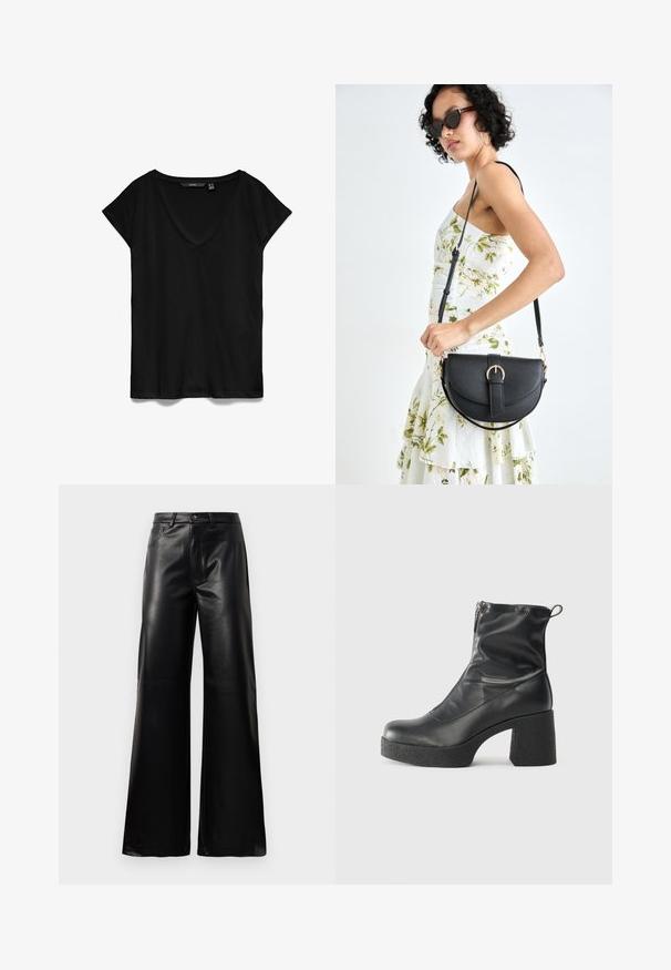 T-shirt preto de manga curta com design em V, feito de tecido suave, apresentando um corte descontraído e uma textura lisa, ligeiramente mate.; Calças largas de imitação de couro pretas, de cintura alta, com botão frontal, fecho de correr, passadores de cinto e bolsos laterais sobre fundo branco.; Botas de tornozelo pretas feitas de couro liso, com fecho lateral, salto grosso texturizado e design de bico arredondado.; Bolsa de couro preta com forma curva, alça destacável e detalhes em dourado. A bolsa possui uma aba com detalhe de fivela.
