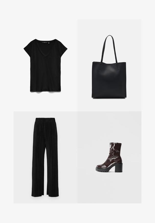 Fekete, rövid ujjú póló V nyakkivágással, puha anyagból készült, laza szabású, sima, enyhén matt textúrával.; Fekete pliszírozott nadrág gumis derekkal. Széles lábakkal rendelkezik, sima, texturált anyagból készült, függőleges csíkokkal.; Fényes bordó bokacsizma vastag fekete sarokkal, sima felülettel és egyszerű dizájnnal. Nincsenek látható zárak vagy minták.; Fekete bőrtáska sima felszínnel, téglalap alakú, két hosszú füllel. Nincs látható fémkiegészítő vagy díszítés.