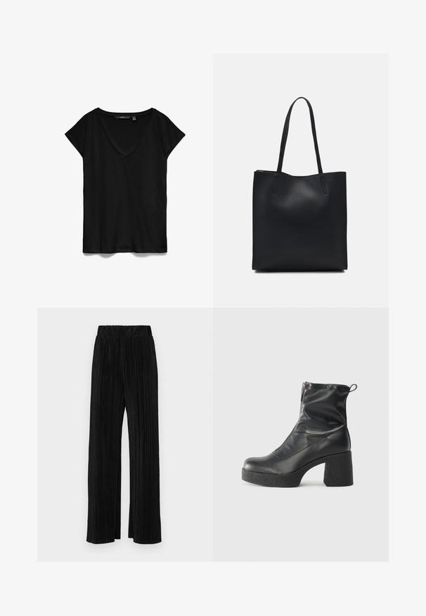 Svart t-shirt med kort ärm och v-ringning, tillverkad av mjukt material, med en avslappnad passform och en slät, något matt yta.; Svarta plisserade byxor med resårmidja. Har vida ben och ett mjukt, texturerat material med vertikala ränder.; Svarta ankelstövlar i slitstark läder, med sidodragkedja, kraftig strukturerad klack och rundad tådesign.; Svart lädertoffelväska med slät textur, rektangulär form och två långa handtag. Ingen synlig hårdvara eller dekorationer.
