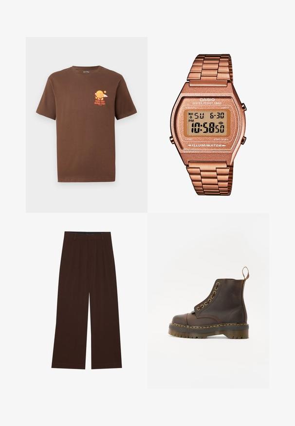 Brown short-sleeve T-shirt with small orange graphic of a burger holding a surfboard and text "SUN OUT BUNS OUT" on the left chest.; Light brown, long-sleeved button-down shirt with a collared neckline, made of a textured fabric. Features a small logo on the chest.; Brown wide-leg trousers with pleats. Made of a smooth fabric, featuring a tailored waistband and side pockets. Flat hem at the bottom.; Brown leather ankle boot with a round toe, contrasting yellow stitching, decorative metal eyelets, and a grooved rubber sole.; Digital Casio watch with a rose gold metal band, rectangular case, illuminated display, and water resistance, showing time and date.