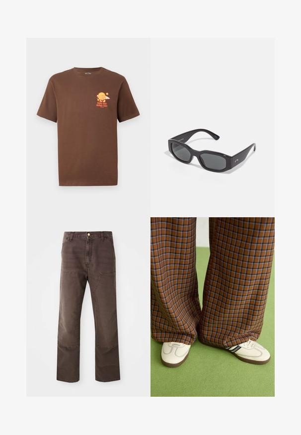 Tricou scurt de culoare maro cu mânecă scurtă, având un grafic mic portocaliu cu un burger care ține o placă de surf și textul "SOARE ÎN AFARĂ, BURGERII ÎN AFARĂ" pe partea stângă a pieptului.; Pantaloni drept, maro, dintr-un amestec de bumbac. Au buzunare frontale aplicate și cusături contrastante. Terminati cu un închidere clasică cu nasture.; Pantaloni largi cu carouri maro și albastru, asociați cu pantofi albi cu accente negre și tălpi texturate, împotriva unui fundal verde.; Ochelari de soare negri, de formă rectangulară, cu lentile întunecate. Cadru din plastic gros, cu o finisare netedă, având o branding subtil pe lateral.