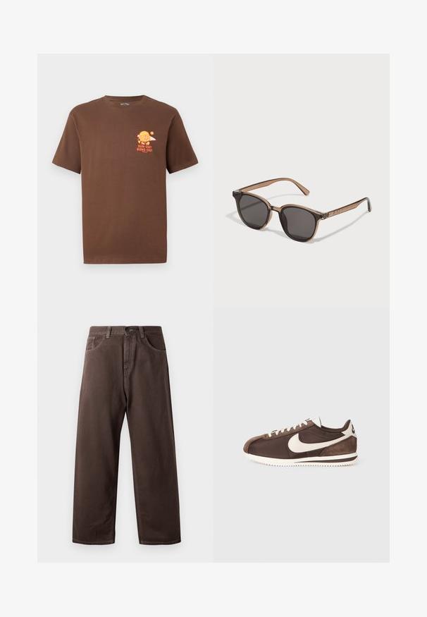 Pruna lühikeste varrukatega T-särk, millel on väike oranž graafika hamburgerist, kes hoiab surfilauda, ja tekst "PÄIKE ON VÄLJAS, VÕI ON MU KÄED VÄLJAS" vasakul rinnaosas.; Pruunid laia säärega püksid, mis on valmistatud puuvillast, klassikalise viie tasku kujundusega, lukuga ja nähtavate õmbluse detailidega.; Pruunid spordijalatsid, mis on valmistatud segu suedes ja kanvasest, valge Nike swoosh logo ning tekstuurse kummist tallaga.; Pruunist plastikust prillid tumedate läätsedega, ümmargune kuju ja kitsenevad käed. Tempel on tähelepanuväärne kaunistus.