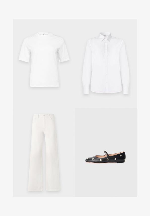 Balta medvilnės marškinėliai su apvalia iškirpte ir trumpomis rankovėmis. Turi tiesų pjūvį ir minimalizmą išlaikantį dizainą. Be raštų ar akcentų.; Balta ilgomis rankovėmis marškinių, pagaminti iš lygios medžiagos, turi apykaklę ir mygtukų priekį su šviesiai rožiniais mygtukais.; Balsviesti, aukštu liemeniu plačiakelnės džinsinės kelnės. Jos turi mygtukų užsegimą, dvi priekinės kišenes ir siūlams su siuvinėtojais.; Juodų odinių Mary Jane plokščių batų su apvaliu pirštu, papuoštų sidabriniais apvaliais nagais ir reguliuojamu dirželiu su sagtimi.