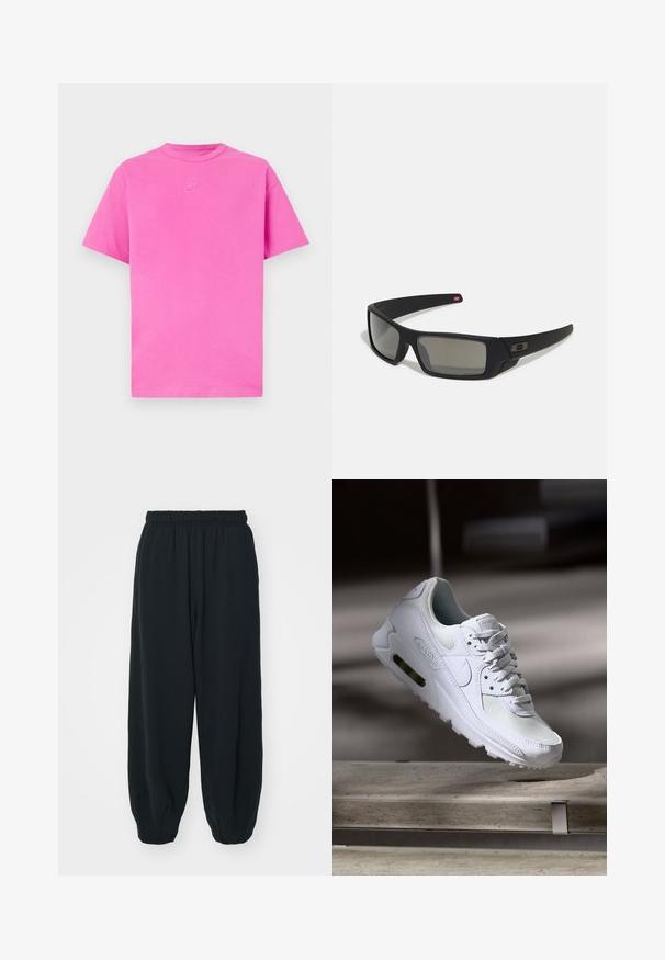 Rožinė trumpomis rankovėmis marškinėliai pagaminti iš medvilnės, turintys apvalų iškirpimą ir mažą baltą Nike logotipą, išsiuvinėtą ant krūtinės.; Juodi, su elastiniu juosmeniu sportiniai kelnės su laisvu siluetu, suapvalintais kulkšnimis, lygia tekstūra ir be matomų raštų ar metalinių akcentų.; Baltos Nike Air Max 90 sportbačiai su.comi ir odos viršumi, perforuota pirštų dėžute ir matomu oro pagalvėle kulne.; Juodi akiniai saulės su matinio paviršiaus užbaigimu, stačiakampiai lęšiai, švelnus lenkimas ant šventyklų, subtilus logotipo detalizavimas ir dūminiai lęšiai.