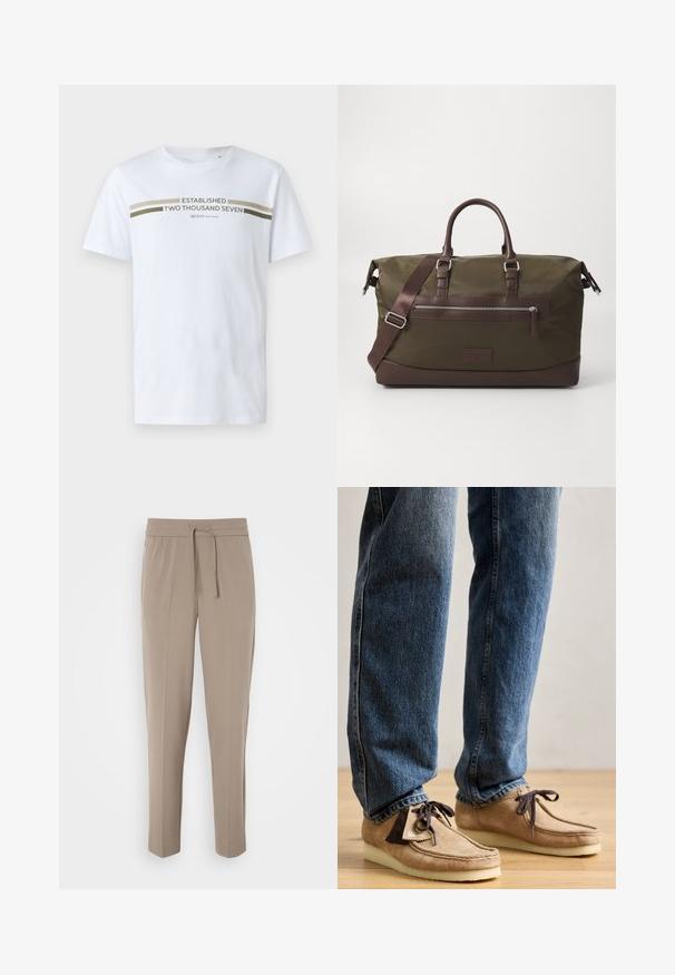 Hvid bomulds t-shirt med korte ærmer, der har en trykt olivengrøn grafisk tekst "ETABLERET TOUSEND SYV" på tværs af brystet.; Lys beige bukser med elastisk talje, justerbar snor og tapered ben. Stoffet ser glat ud med en let glans.; Suedemokasiner i tan med mørkebrune accenter, rund tå og blød hvid sål. Har snøre-design og syede detaljer.; Canvas duffel bag i olivengrøn med brune læderdetaljer, der har dobbelte hanke, en aftagelig skulderrem og en frontlomme med lynlås.