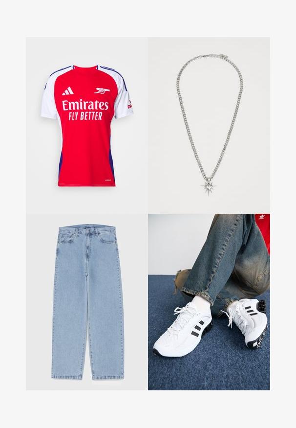 Cămașă sportivă roșie și albă cu mâneci scurte, cu guler rotund, accente albastre și logo-ul "Emirates Fly Better" pe partea din față.; Jeans din denim de culoare albastru deschis, cu un design cu picioare drepte, având talie medie, cinci buzunare și un sistem de închidere cu nasture și fermoar.; Adidași albi din plasă pentru sport, cu accente negre, având un design texturat și o talpă distinctivă, asortați cu blugi din denim bleumarin.; FAINZ SPIKE HEART CHAIN UNISEX - Colier - silver-coloured