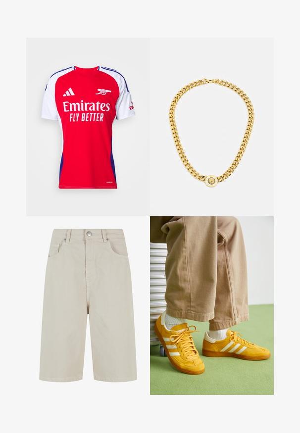 T-shirt de sport rouge et blanc à manches courtes, avec un col rond, des accents bleus et le logo "Emirates Fly Better" sur le devant.; Shorts en denim beige avec une coupe droite, une fermeture à bouton à l'avant et quatre poches. Le tissu a une texture lisse et un minimum de détails de couture.; Baskets en daim jaunes avec des rayures blanches, dotées d'une semelle en caoutchouc, de lacets en tissu et d'un col rembourré, associées à un pantalon en coton beige.; Collier en chaîne dorée avec de grands maillons entrelacés, présentant un détail de pendentif circulaire au centre avec un emblème en relief.