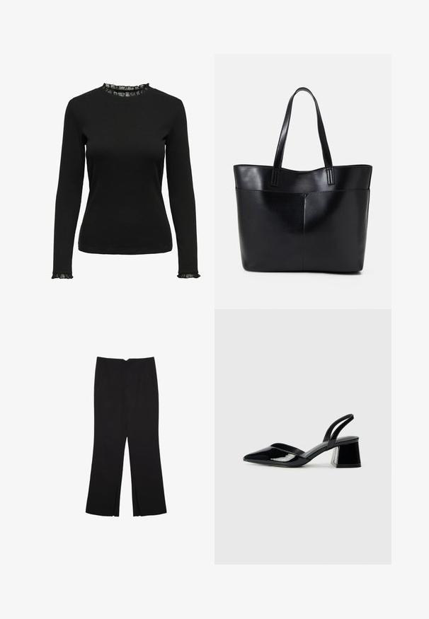Schwarzes Langarmoberteil aus geripptem Stoff, mit einem geschlossenen Spitzenbesatz am Ausschnitt und an den Ärmeln. Einfaches Rundhalsdesign.; Schwarze Hose mit geradem Schnitt, ausgestattet mit Fronttaschen und Seitenschlitzen am Saum. Hergestellt aus weichem, glattem Stoff. Geeignet für verschiedene Anlässe.; Schwarze Lackleder-Slingback-High Heels mit spitzem Schuh und einem geometrischen Blockabsatz. Verfügt über ein schlankes, minimalistisches Design und eine glatte Textur.; Schwarze Leder-Shopper-Tasche mit zwei langen Griffen, einer glatten Textur und einer strukturierten Form. Verfügt über eine Vordertasche für zusätzlichen Stauraum.