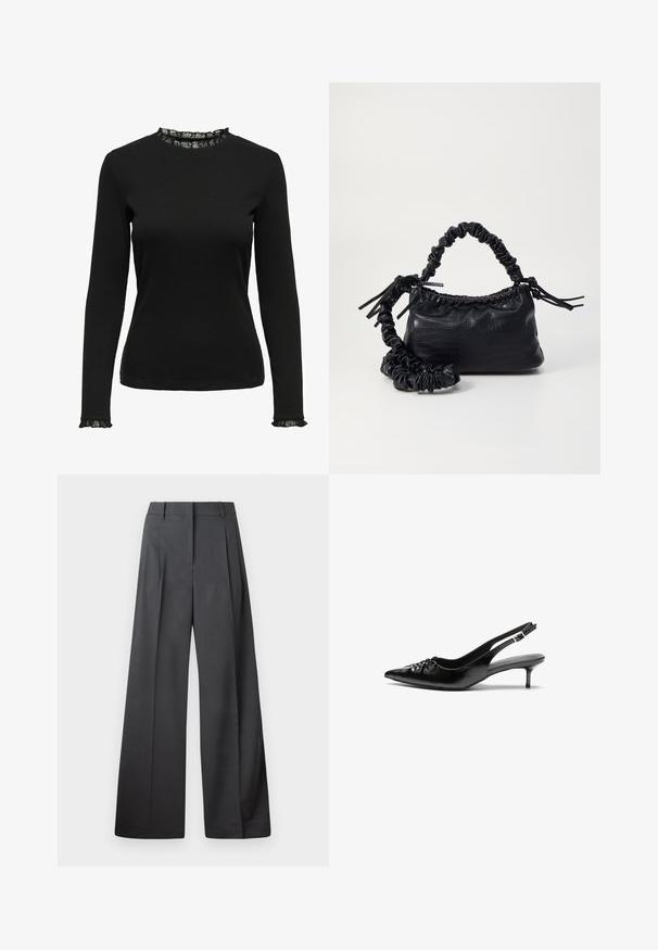 Black long-sleeve top made of ribbed fabric, featuring a ruffled lace detail at the neckline and cuffs. Simple round neck design.; Wide-leg trousers in dark gray fabric, featuring a high waist, single pleats, and a smooth texture with a clean finish at the hems.; Black leather slingback heels with a pointed toe, small kitten heel, and a decorative knot detail on the front. Smooth texture throughout.; Black faux leather handbag with a crocodile texture, cinched top, and a scrunched strap. Appears soft and compact in design.