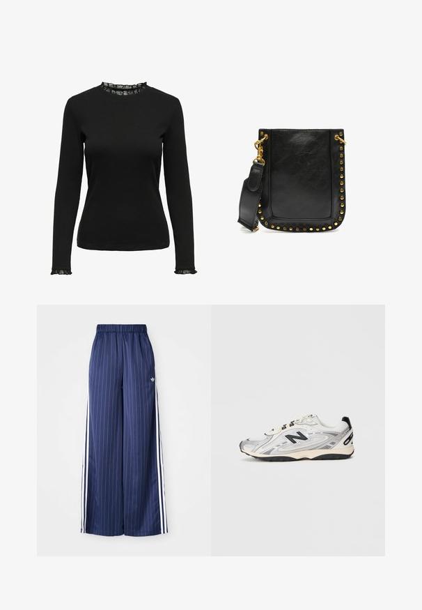 Juodas ilgų rankovių marškinėlis, pagamintas iš įrampuoto audinio, su raukiniais apykaklėje ir rankogaliuose. Paprasto apvalaus kaklo dizainas.; Tamsiai mėlynos plačios kojos kelnės su vertikaliomis baltomis juostelėmis, elastinga juosmens juosta ir trimis baltomis juostelėmis kiekvienoje pusėje, pagamintos iš lengvos medžiagos.; Pilkas ir baltas sportinis batai su apvaliu kojų pirštu, tinklinėmis ir sintetinėmis medžiagomis, juodais akcentais bei tekstūruota guma padais.; Juodas odinis rankinė su auksinėmis studijomis palei kraštus, plokščia forma ir reguliuojama dirželiu su auksinėmis sagtimis.