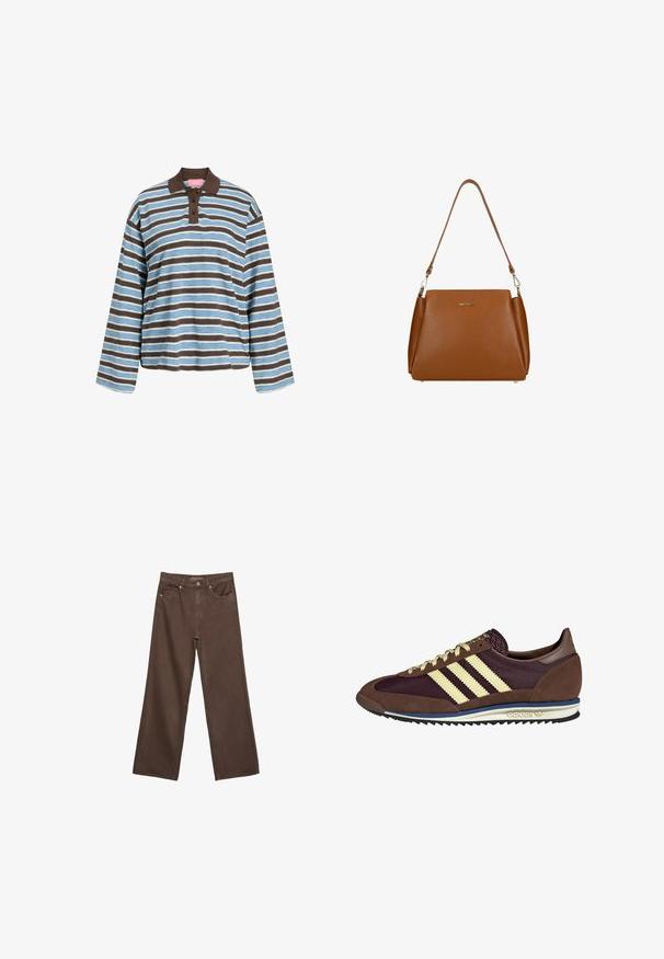 Gestreiftes Langarm-Polohemd in Hellblau und Braun. Mit einem braunen Kragen, einer Drei-Knopf-Leiste und lässiger Passform. Aus Baumwollmaterial.; Weite braune Jeans aus Denim, mit hoher Taille, Fronttaschen und klassischem Knopfverschluss. Glatte Textur mit feinen Nähten.; Braune und burgunderfarbene Sneaker aus Wildleder und Mesh-Materialien, mit drei cremefarbenen Streifen, strukturiertem Stoff an der Zunge und einer Gummisohle.; Braune Ledertasche mit strukturierter Oberfläche, einem einzelnen Schulterriemen und einem dezenten Logo auf der Vorderseite. Verfügt über ein strukturiertes Design.