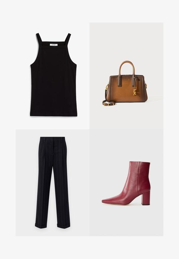 Camisola preta de alças finas em tecido canelado, com corte reto e uma etiqueta no decote que diz "IVY OAK."; Calças pretas risca de giz com um ajuste sob medida, apresentando uma bainha com dobra e pregas frontais. Feitas de um tecido suave com um design estruturado.; Bota de tornozelo em couro bordô com bico afiado, salto bloco e textura suave, apresentando um design sem emendas e sem hardware visível.; Bolsa de couro castanho com alças duplas superiores, uma alça de ombro destacável, acessórios em dourado e um charme decorativo com as letras "MK."