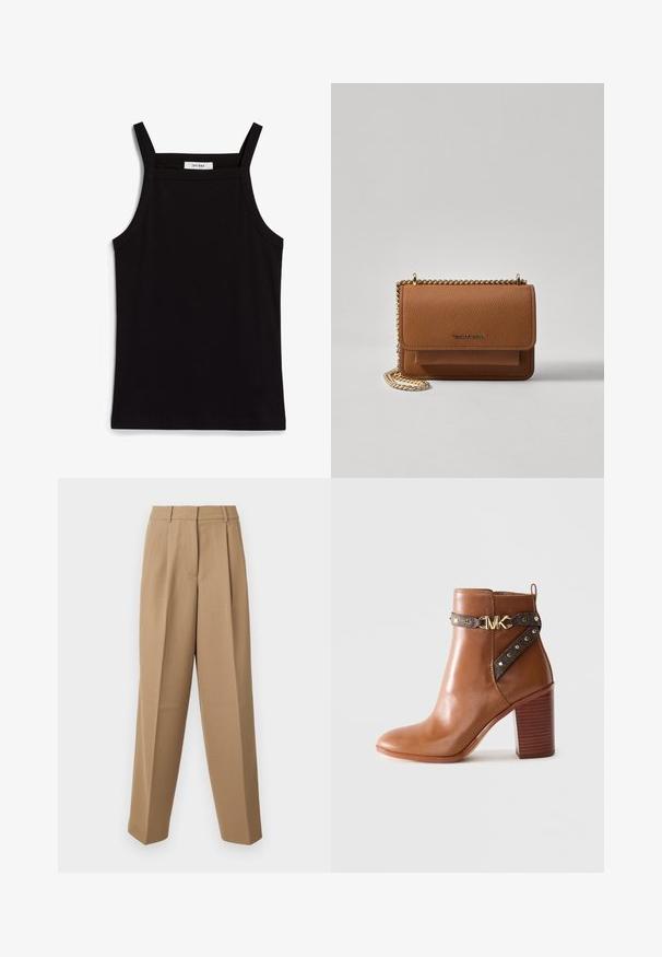 Juodas topas su plonais spaghetti petnešomis, pagamintas iš rausvos medžiagos, turintis tiesų kirpimą ir etiketę prie iškirpės, ant kurios parašyta "IVY OAK."; Bežinės pritaikytos kelnės su aukštu liemeniu, raukšlėtu priekiu ir plačiomis kojomis. Audinys atrodo lygus, su nedideliu blizgesiu.; Ruda odinė kulkšninė batai su sluoksniuoto blokinio kulno, šonine dirželiu su auksiniais skaidriomis ir auksiniu "MK" logotipo sagtimi.; Ruda tekstūruota odinė per petį nešama rankinė su auksiniu grandininiu dirželiu ir užlenkiamo užsegimo. Priekinėje pusėje yra logotipo detalė ir kišenė po užlenkimu.