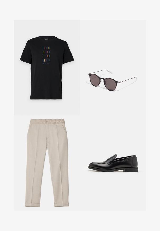 Juodas medvilninis marškinėliai su vertikaliu spalvotų dryžių dizainu ir "PS Paul Smith" tekstu apačioje. Standartinis apvalus kaklas.; Filippa K TERRY CROPPED TROUSERS - Kelnės - sage melange; Juodos odinės loafers, turinčios lygų paviršių, apvalią noselę ir dekoratyvinę juostą per priekinę dalį. Žemas krentantis kulnas, minimalistinis dizainas.; Juodos apvalios saulės akinių su tamsiais lęšiais ir plonomis metalinėmis šakomis. Įtraukti skaidrūs šventyklų galai ir sidabriniai akcentai vyrio srityje. Minimalistinis dizainas.