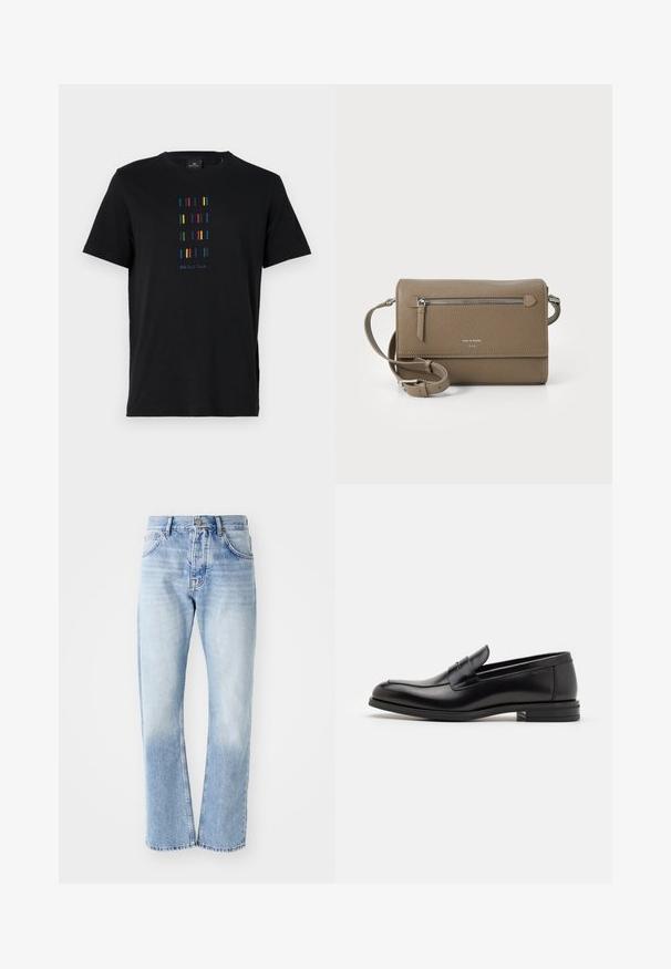 Black cotton t-shirt featuring a vertical design of colorful stripes and "PS Paul Smith" text at the bottom. Standard crew neck.; Light blue denim jeans with a straight-leg cut. Features a five-pocket design, button fly, and faded texture towards the bottom.; Black leather loafers with a smooth texture, rounded toe, and a decorative strap across the vamp. Low stacked heel, minimalist design.; Taupe leather crossbody bag with a zippered front pocket, adjustable strap, pebble texture, and embossed logo on the front.