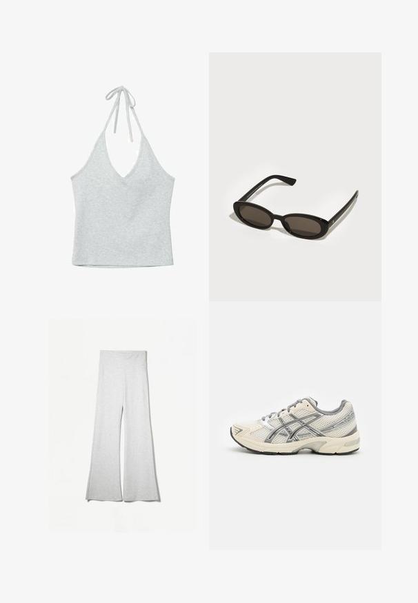 Stradivarius TIED HALTER - Top - grey; Light gray wide-leg pants made from soft fabric, featuring a high waistband and side slits for added flow and comfort.; Running shoes with a breathable white mesh upper, silver accents, grey laces, and a durable black rubber sole. Lightweight, cushioned design.; Black sunglasses with oval, semi-rimless lenses. Glossy frames and sleek arms. Dark tinted lenses with minimal hardware details.