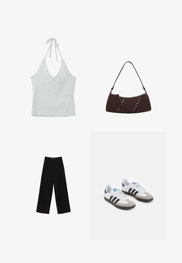 Stradivarius TIED HALTER - Top - grey; Schwarze, weit geschnittene Hose mit hoher Taille, ausgestattet mit einem Gürtel in der Taille und Falten für Struktur. Hergestellt aus einem glatten, leichten Stoff.; Sportschuhe mit einem Obermaterial aus weißem Leder, grauer Wildleder-Zehenkappe und drei schwarzen Streifen. Sie verfügen über ein blaues Logo auf der Zunge und eine strukturierte Gummisohle.; Braune Handtasche aus synthetischem Leder mit geschwungener Form, Reißverschluss und dekorativen silbernen Nieten auf einer Seite. Verfügt über einen kurzen Schultergurt.