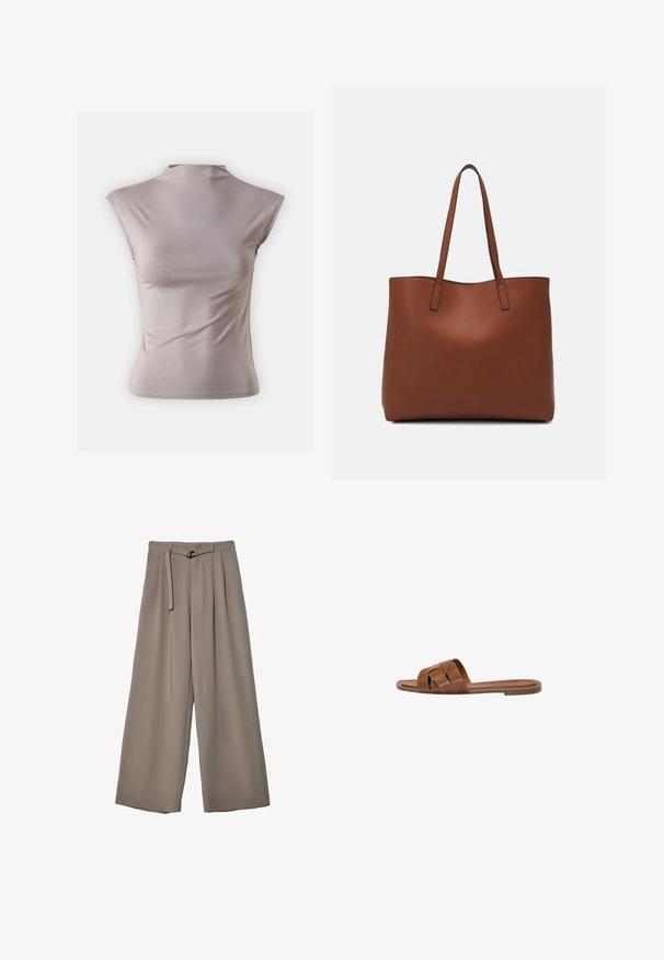 Svetlo roza brezrokavni top iz mehkega, elastičnega materiala, ki ima visok lažni ovratnik in gladko, prilegnjeno silhueto.; Široke hlače iz mehke, umirjene sive tkanine, z pasom, ki ga je mogoče zavezati, in z gubami za dodatne oblikovne podrobnosti. Gladka tekstura, brez vzorcev.; Rjav usnjeni natikač s prečnimi trakovi, ravnim podplatom in gladko teksturo. Preprost dizajn brez okraskov ali vzorcev.; Rjava usnjena torba z gladko teksturo, odprto zasnovo zgoraj in dvema naramnima trakovoma. Opremljena je z minimalnim šivanjem in brez vidnih kovinskih delov.