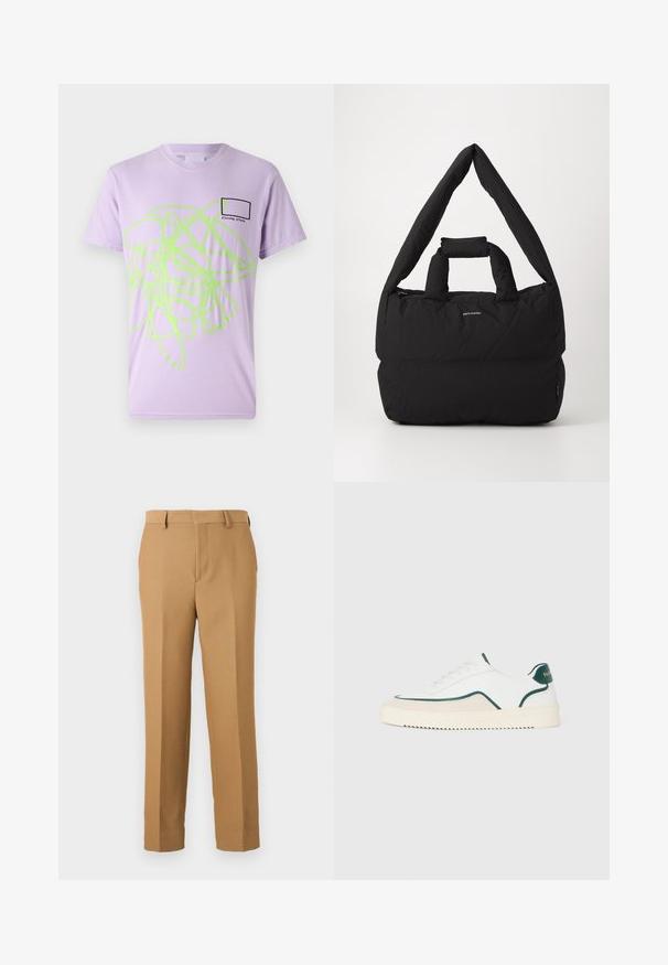 Gaiši lavandas kokvilnas T-krekls ar lielu neona zaļu abstraktu dizainu priekšpusē un mazu melnu taisnstūri ar tekstu.; Bēšas krāsas bikses noaustā audumā, ar taisnu griezumu, plakanu priekšu un jostas cilpām. Gluda tekstūra bez redzamām rakstām.; Baltās zemas tenisa kedas ar zaļām malām, beigu zamšādas detaļām un krēmkrāsas zoli ar rievotu apakšu.; Melnā mīkstā soma ar plata, mīksta pleca siksnu un augšējo rokturi. Aprīkota ar rāvējslēdzēja aizdari un diskrētu logotipu priekšpusē.