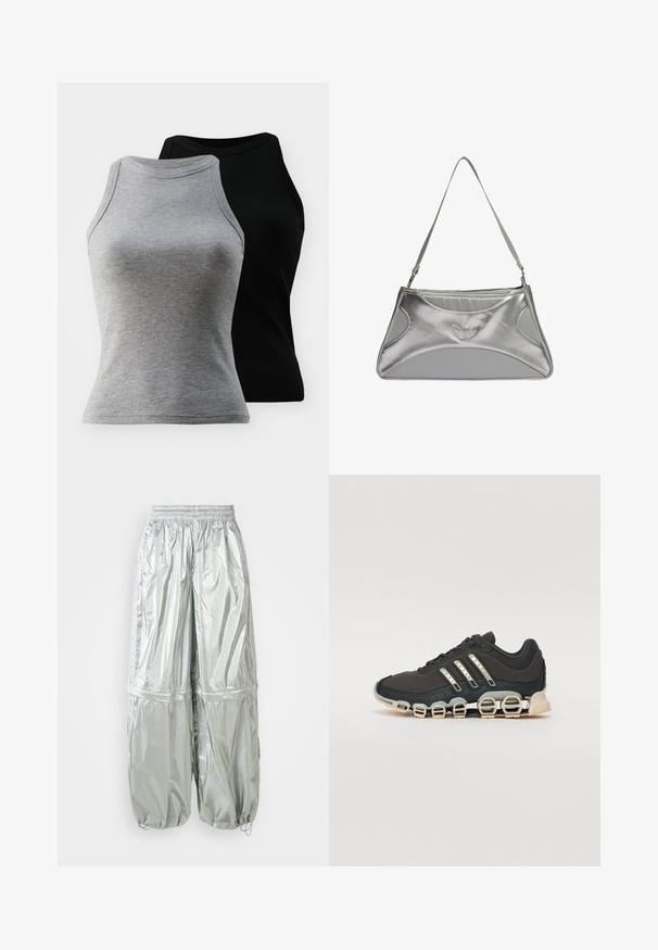 Du wrapto suknelės be rankovių, pilkos ir juodos spalvos. Jos turi apvalią iškirptę ir prigludusią siluetą, pagamintos iš minkštos medvilnės mišinio.; Sidabriniai lengvi krovinių džinsai su blizgia tekstūra, elastine juosta, surinktais rankogaliais ir dviem didelėmis priekinėmis kišenėmis.; Juodos sportinės avalynės su tekstūruotu viršumi, trimis sidabro juostomis ir išskirtiniu amortizuojančiu padu, turinčiu kelias integruotas dalis.; Sidabrinė metalinė rankinė su šiuolaikišku, struktūrizuotu dizainu, turinti tekstūruotą paviršių, peties diržą ir reliefinį logotipo akcentą.