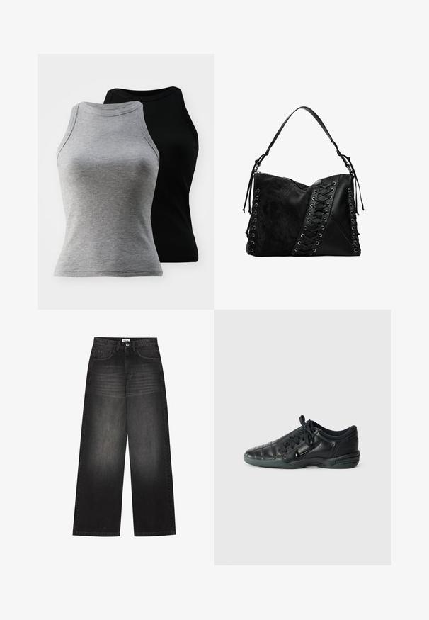 Två ärmlösa ribbade linnen i grått och svart. De har en rundad halsringning och en figurnära silhuett, tillverkade av en mjuk bomullsblandning.; YOURTURN UNISEX - Baggy jeans - black denim; Svart lädersporter sko med ett kviltat mönster, rund tå, snörning framtill och gummisula. Har subtil varumärkeslogga på sidan.; Desigual Axelremsväska - black; Söljenecklace med en delikat kedja och oval hängsmycke som har intrikata detaljer och en liten ädelstenseaccent.