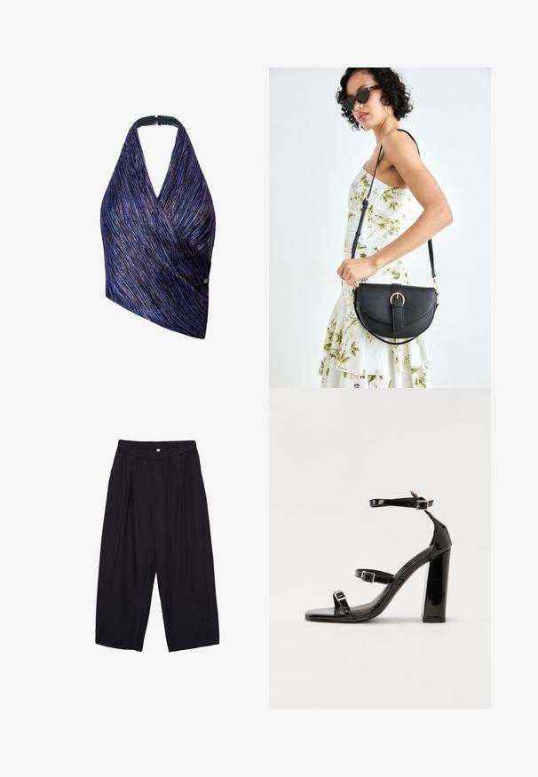 Wrap-top i texturerat tyg med lila och blå ränder. Halterneck med en svart knäppning, ena sidan prydd med en knappdetalj.; Svarta polyester culottbyxor med elastisk midja, två framfickor och en lös silhuett. Inga synliga mönster eller hårdvarudetaljer.; Svarta lackerade högklackade sandaler med två spännband, fyrkantig tå och en tjock klack, med en slät och glansig yta.; Svart läderhandväska med en böjd form, avtagbar rem och guldiga detaljer. Väskan har ett lock med en spänndetalj.