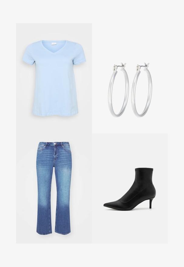 Svetlo modra majica s kratkimi rokavi z V-izrezom, mehka bombažna tkanina, sproščen kroj in raven rob. Brez vzorcev ali dodatnih podrobnosti.; Jeans iz denima v svetlo do srednje modrem gradientu. Imajo ravno kroj, pet žepov in našite detajle vzdolž šivov.; Črne gležnjarje iz gladkega usnja s koničastim nosom in kratko, tanko peto. Imajo brezšiven dizajn in subtilne šive.; Srebrni obroči za ušesa z gladko, polirano površino. Okrogla oblika in varna zaponka s klikom. Lahka zasnova, primerna za vsakodnevno nošenje.