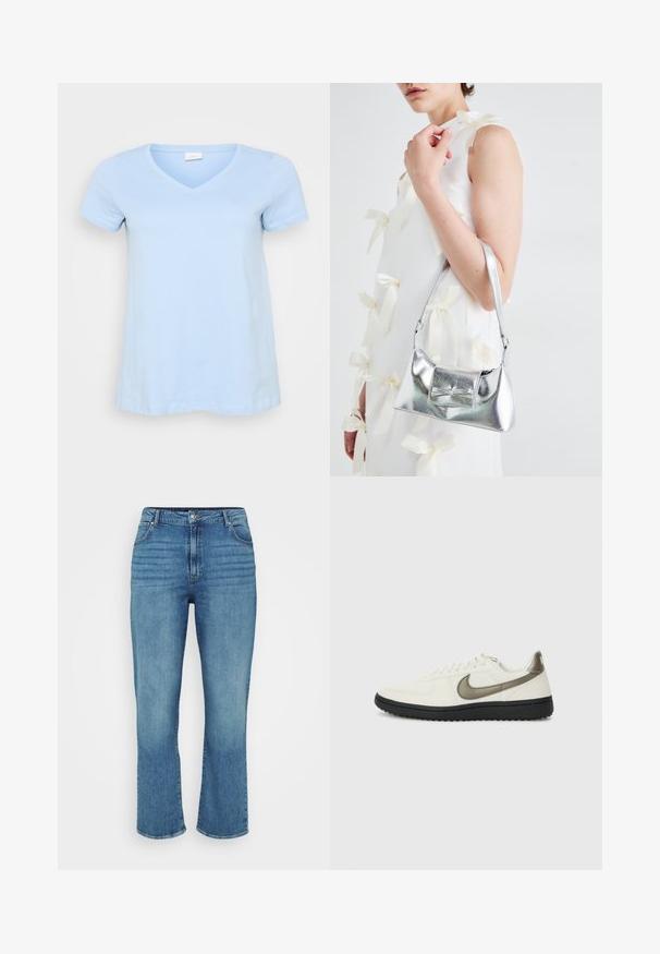 Világoskék, rövid ujjú póló V nyakkal, puha pamut anyagból, laza fazonnal és egyenes szegéllyel. Nincsenek minták vagy további részletek.; Világoskék farmernadrág egyenes lábbal, öt zsebbel, övhurkokkal és finom fakulással az elején.; Nike Sportswear FIELD GENERAL - Sportcipő - off-white/black; Ezüst fémes kézitáska, struktúrált formával, felső fogantyúval és masnis részlettel az elején. Simaságával és fényes felületével tűnik ki.
