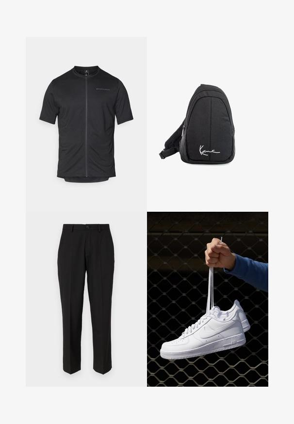 Maglia da ciclismo nera a maniche corte con zip frontale, realizzata in tessuto leggero. Presenta un design minimale con logo in rilievo sul petto.; Pantaloni neri in tessuto liscio, con un design a gamba dritta, tasche frontali, chiusura con un singolo bottone e senza motivi visibili.; Sneakers in pelle bianca con perforazioni, punta rotonda, suola piatta e lacci spessi, con logo swoosh visibile e "AIR" sul tallone.; Zaino a tracolla in tessuto nero con una superficie liscia, caratterizzato da un design curvo, scomparto con zip e un logo bianco sul davanti.