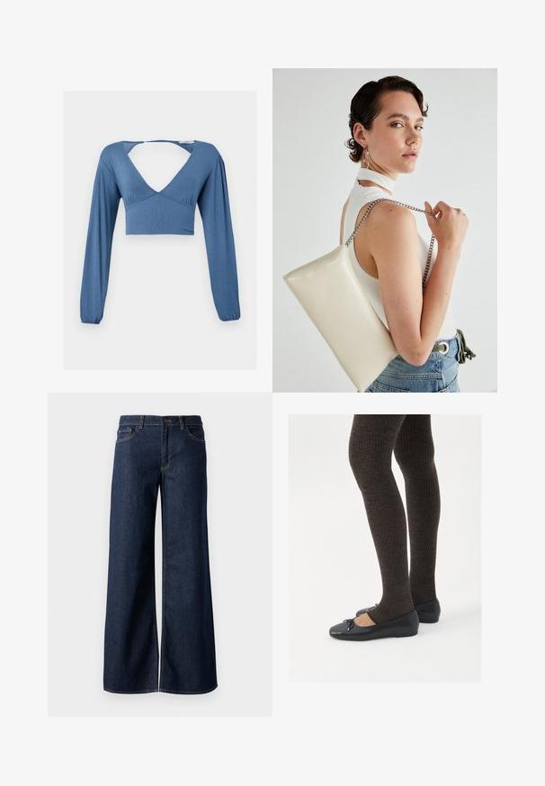 Sinine pikas varrukas lühike topp, millel on sügav V-kaelus, r gathered detailid rinnaosas ja veidi puffitatud varrukad. Sile ja veniv kangas.; Laiad teksad tumesinises denimis. Omab kontrastõmblusi, viit taskut ja nupukinnitust vööl. Sile tekstuur.; Mustad mustad kingad väikese teksaga varvaste juures, koos tumedate pruunide ribakangastega. Kingadel on sile tekstuur ja madal profiil.; Valge ristkülikuline kotti, mis on valmistatud läikivast materjalist, hõbedase ahelsangaga. Mudel poseerib, tutvustades kotti ühtlase taustaga.