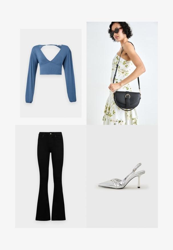 Sinine pikas varrukas lühike topp, millel on sügav V-kaelus, r gathered detailid rinnaosas ja veidi puffitatud varrukad. Sile ja veniv kangas.; Mustad kõrge vöökohtadega teksad, millel on nööp ja lukuga sulgemine, esikäe taskud ja laienevad sääred, asetatud tasasele valgele taustale.; Hõbedased slingback kõrged kontsad terava ninaga, metalne viimistlus, kaks dekoratiivset rihma ja sihvakad kontsad musta otsaga.; Mustmust mustraha kõverate joontega, eemaldatava rihmaga ja kuldsete detailidega. Kotil on klapp, millel on pandladetail.