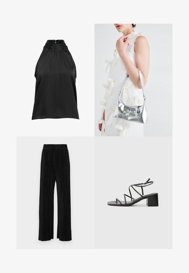 Top halter in satin nero con colletto arricciato e frontale plissettato, caratterizzato da una texture liscia e un dettaglio a occhiello sul retro.; Pantaloni neri a plissé con vita elasticizzata. Presentano gamba ampia e un tessuto liscio e texture con strisce verticali.; Sandali neri con cinturini, punta quadrata e tacco spesso, realizzati in materiale morbido. Presentano cinturini regolabili alla caviglia e hardware minimal.; Borsa a mano metallica argento con forma strutturata, dotata di manico superiore e dettaglio a fiocco sulla parte frontale. Texture liscia e finitura riflettente.