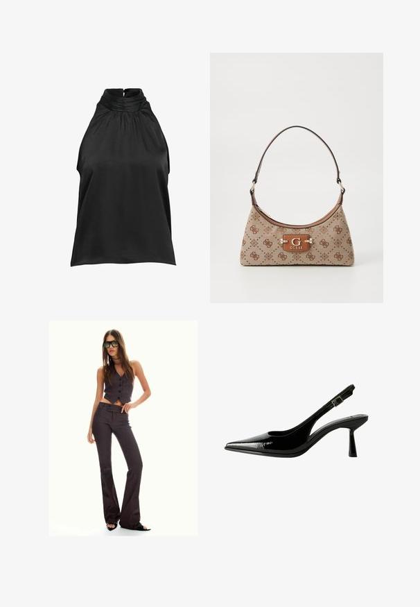 Sort satin halterneck-top med en samlet hals og plisseret front, der har en glat tekstur og en nøglehul-back detalje.; Brun stribet cropped vest og flagrende bukser med knapper og et tekstureret stof. Sorte åbentåede sko og overdimensionerede solbriller.; Sorte patenterede lædersandaletter med spids tå, udskårne sider, justerbar ankelstrop og en tynd, slank hæl.; Tote bag i beige stof med brune mønstrede detaljer. Har en buet form, enkelt strop og et logo-plakette foran med sølvhardware.