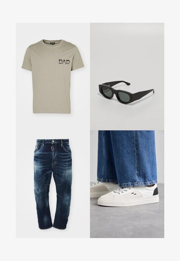 Olivově zelené bavlněné tričko s kulatým výstřihem a krátkými rukávy; na hrudi se nachází slovo "DAD" v černé a bílé barvě se pruhovými akcenty.; Tmavě modré denimové džíny s vybledlým praním, s pěti kapsami, zipovým zapínáním a kontrastním prošitím. Obsahují mírné opotřebení na kolenou.; Bílé a černé tenisky s hladkým koženým svrškem, texturovanými akcenty a robustní bílou podešví. Mají klasický design se šněrováním.; Černé obdélníkové sluneční brýle se zelenými skleněnými čočkami, silnými obrubami a plochými stranami, s hladkou plastovou texturou.