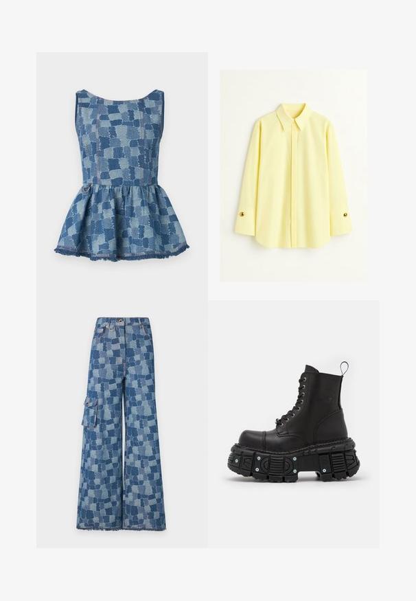 Jeans peplum-topp i ljus och mörkblå nyanser, med ett rutigt mönster och fransad fåll. Har en rund halsringning och en accentringdetalj.; Gul långärmad skjorta tillverkad av ett lätt tyg. Har en klassisk krage och guldknappar på ärmsluten. Slät textur.; Brett snygga jeans i blå denim med ett stort lapptäcksmönster, fransade nederkanter och sidoficka med knappdetalj.; Svarta läderkängor i kampstil med hög skaft, snörning, kraftig gummisula och metallaccenter på sulans bas.