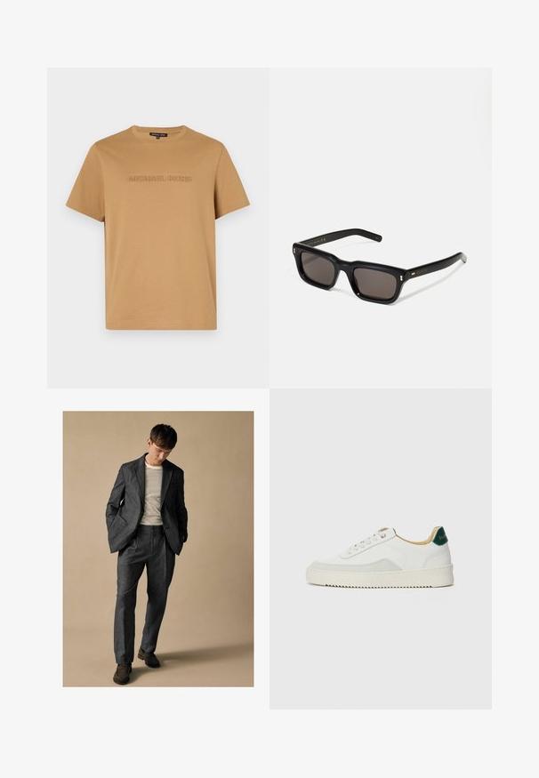 Smėlio spalvos medvilnės marškinėliai su apvalia iškirpte ir trumpomis rankovėmis, su subtile iškilčiausiu užrašu "MICHAEL KORS" priekyje.; Pilkas pritaikytas kostiumas su įpjovomis apykaklėmis ir priekinėmis kišenėmis, derinamas su dryžuotu marškiniais. Kelnės turi laisvą siluetą ir raukšlėtą detalizavimą. Rudos bateliai.; Baltos sportbačiai su zomšos akcentais, apvaliu nosiu, plokščiais raišteliais ir kreminės spalvos guminiu padu. Ant kulno yra žalia ženklinimo detalė.; Juodos stačiakampės akinių nuo saulės su tamsiais objektyvais, storu plastiko rėmu, auksinėmis detalėmis ant šventyklų ir prekės ženklo logotipu išgraviruotu ant šono.; Juodas odinis per petį nešiojamas krepšys su užtrauktuku ant priekio, iškilminiu logotipu ir reguliuojama juosta. Lygi tekstūra su struktūrizuota forma.