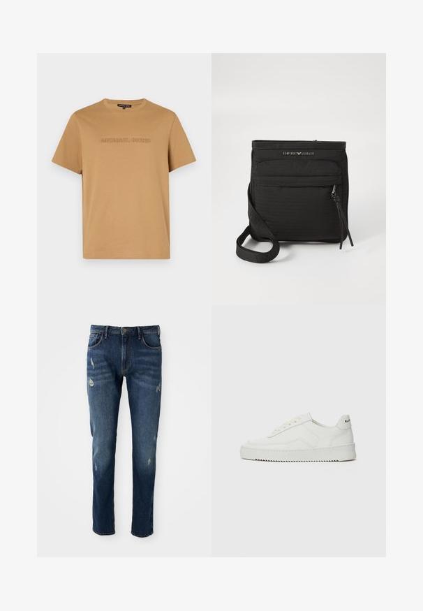 Kreem värvi puuvillane T-särk, millel on ümar kaelus ja lühikesed varrukad, ning mille esiküljel on diskreetselt embosseeritud sõnad "MICHAEL KORS".; Tumed sinised teksad kitsas lõikega, kerge kulumine reitel ja põlvili, klassikaline viie tasku disain ja nupuga kinnitus.; Valge nahast tennis, millel on sile põhi, ümar varvas, lamedad nöörid ja tekstuuriline tall. Sisaldab diskreetset logo kontsaribal.; Must musta Emporio Armani ristiõla kott, millel on eesne lukuga tasku, reguleeritav rihm ja logo detail tekstureeritud kangal.