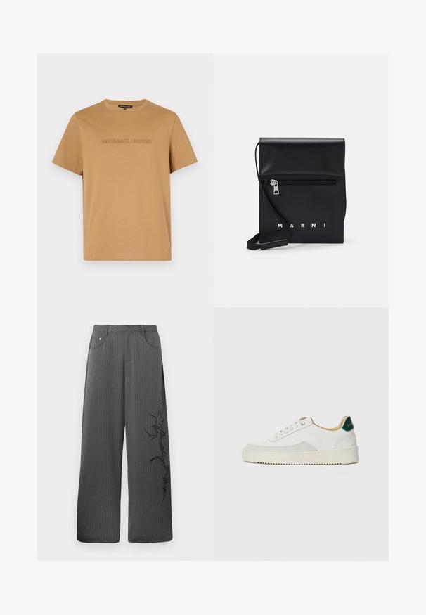 Bawełniana koszulka w kolorze tan, z okrągłym dekoltem i krótkimi rękawami, z delikatnym tłoczeniem "MICHAEL KORS" z przodu.; Szerokie spodnie w prążki w ciemnoszarym kolorze z materiału, z przednimi kieszeniami i czarnym dekoracyjnym nadrukiem po lewej stronie.; Białe trampki z zamszowymi akcentami, zaokrąglony czubek, płaskie sznurowadła i kremowa gumowa podeszwa. Posiadają zielone logo na pięcie.; Czarna skórzana torebka na ramię z zasuwaną przednią kieszenią, wytłoczonym logo i regulowanym paskiem. Gładka tekstura z wyraźnym kształtem.