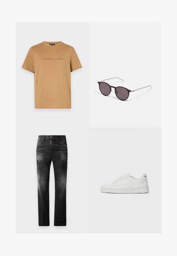 Tan cotton t-shirt featuring a crew neckline and short sleeves, with "MICHAEL KORS" subtly embossed on the front.; Black denim jeans with a straight fit. Features faded areas, minor distressing, classic five-pocket design, and a button closure.; White leather sneaker with a smooth finish, round toe, flat laces, and a textured sole. Features a subtle logo on the heel.; Black round sunglasses with dark lenses and slim metal arms. Includes clear temple tips and silver accents at the hinge. Minimalist design.