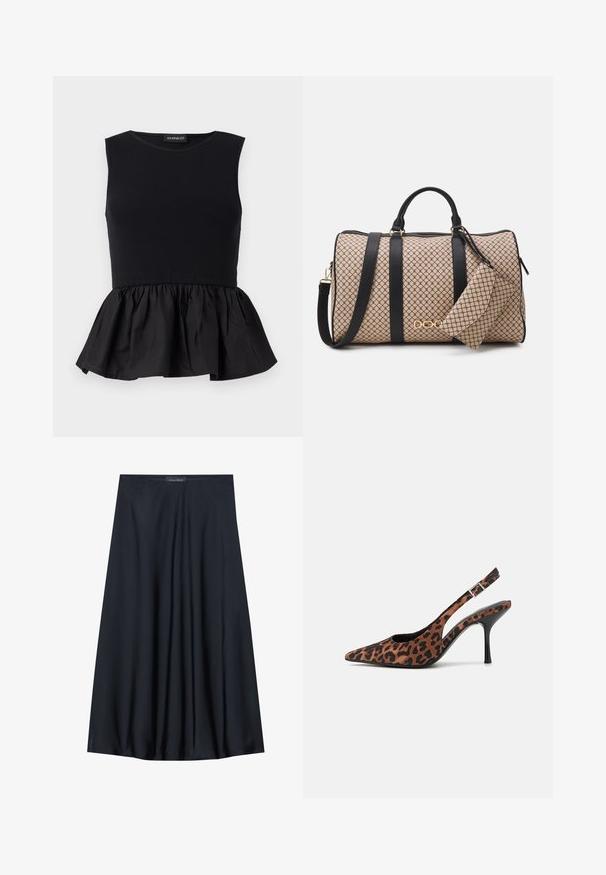 Juodas be rankovių marškinėlis su raukšlėtu viršutiniu sluoksniu ir plačiu, sukauptu peplumu apačioje. Lygus paviršius, vientisos spalvos visame audinyje.; Bežėje be rankovių geltonas topas su tekstūruota apdaila ir susiraukšlėjusi detale šone. Minkšta medžiaga ir laisvas siluetas, turi tiesią apatinę kraštinę.; Juoda, iki kelių siekianti sijonas, pagamintas iš lengvos medžiagos, turinčios sraunią struktūrą. Jame yra lygus paviršius ir subtilūs raukiniai, skirti papildomam akcentui.; Leopardų rašto slingback aukšti kulniukai su smailiu pirštu, juodu blizgiu kulnu ir reguliuojamu kulkšnies dirželiu. Minkšta medžiaga su tekstūruotu paviršiumi.; Būtinė kuprinė su kreminės spalvos raštuotu išoriniu paviršiumi, juodais odiniais diržais, auksine furnitūra ir mažai atitinkančia kišene. Struktūrizuotas dizainas.; Aukso spalvos kvadratinis laikrodis su baltu ciferblatu, sidabro spalvos valandų žymekliais ir patvariu metaliniu apyrankiu. Įtrauktas vandeniui atsparus funkcionalumas.