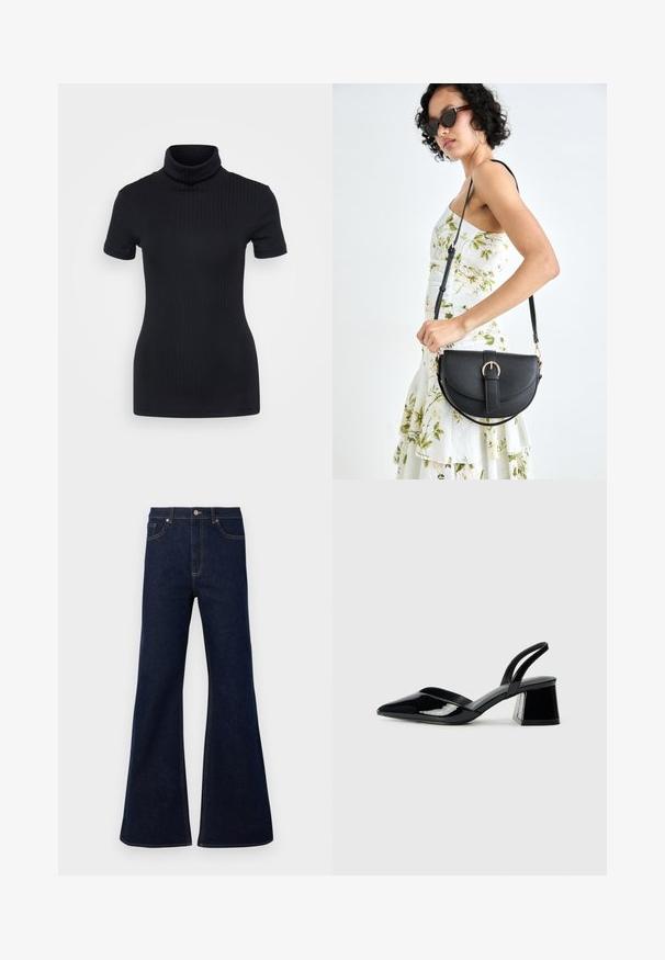 Juodas raštuotas turtlenekas, trumpomis rankovėmis, prigludusi konstrukcija, minkšta tekstūra, minimalus siūlių skaičius ir aukšta apykaklė.; Tamsiai mėlynos platėjančios džinsinės kelnės su aukštu liemeniu, priekiniu kišenėmis ir auksinėmis siūlėmis. Lygus paviršius su tradiciniu kirpimu.; Juodos lakuotos odinės šlepetės su smailiu pirštu ir geometriniu bloko kulnu. Turi elegantišką, minimalistinį dizainą ir lygų paviršių.; Juodas odinis krepšys su išlenkta forma, nuimamu dirželiu ir auksiniais detalėmis. Krepšys turi kilpą su sagtimi.