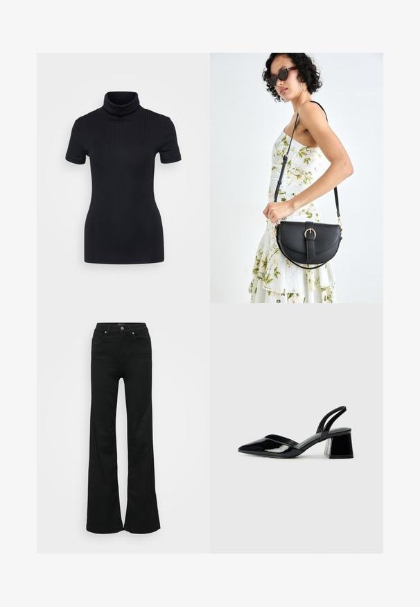 Black ribbed turtleneck top, short sleeves, form-fitting design, soft texture, minimal seams, and a high collar.; Black flared jeans made from denim, featuring a high waist, five pockets, and metal button closure. Smooth texture with minimal detailing.; Black patent leather slingback heels with a pointed toe and a geometric block heel. Features a sleek, minimal design and smooth texture.; Black leather handbag with a curved shape, detachable strap, and gold hardware. The bag features a flap with a buckle detail.