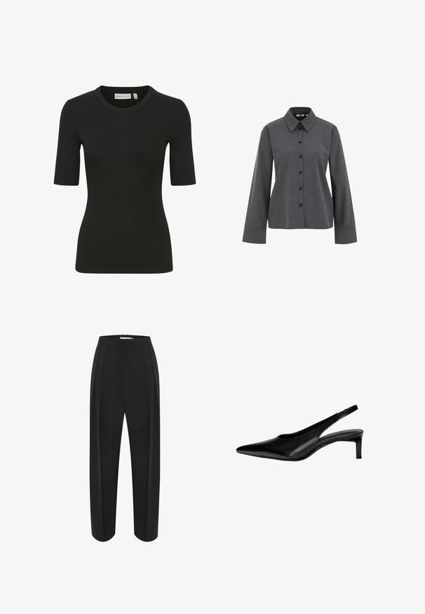 Črna rebrasta majica s krožnim izrezom in kratkimi rokavi. Tkanina ima teksturiran videz, kar zagotavlja oprijet silhueto.; WE Fashion Bluza z gumbi - grey; Črne široke hlače z visokim pasom, ki imajo gladko teksturo in dve sprednji pregibi. Oblikovane so s čistimi, skrbno oblikovanimi linijami.; Črne usnjene slingback čevlje s koničastim nosom, nizko peto in izrezljanim dizajnom na straneh. Gladka tekstura z eleganten videzom.